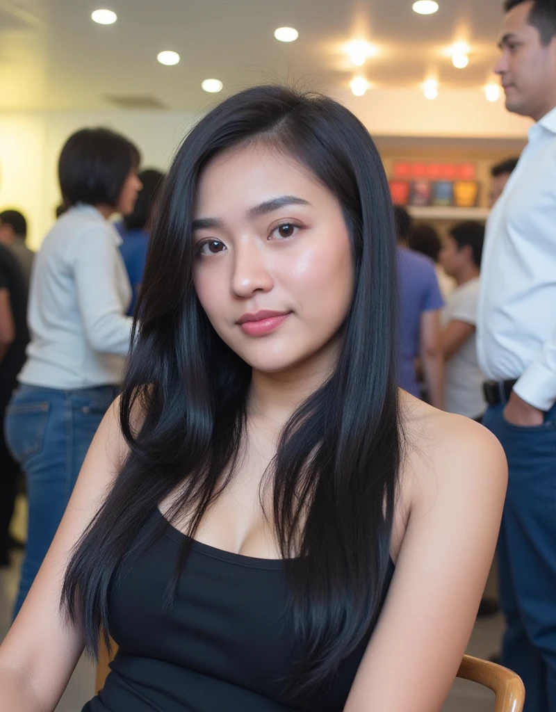 a perfect well-lit (closeup:1.15) (medium shot portrait:0.6) photograph of a beautiful woman standing on the stairs of a subway, big breast, wearing an indian black tshirt outfit, looking at me, coy slight smile
