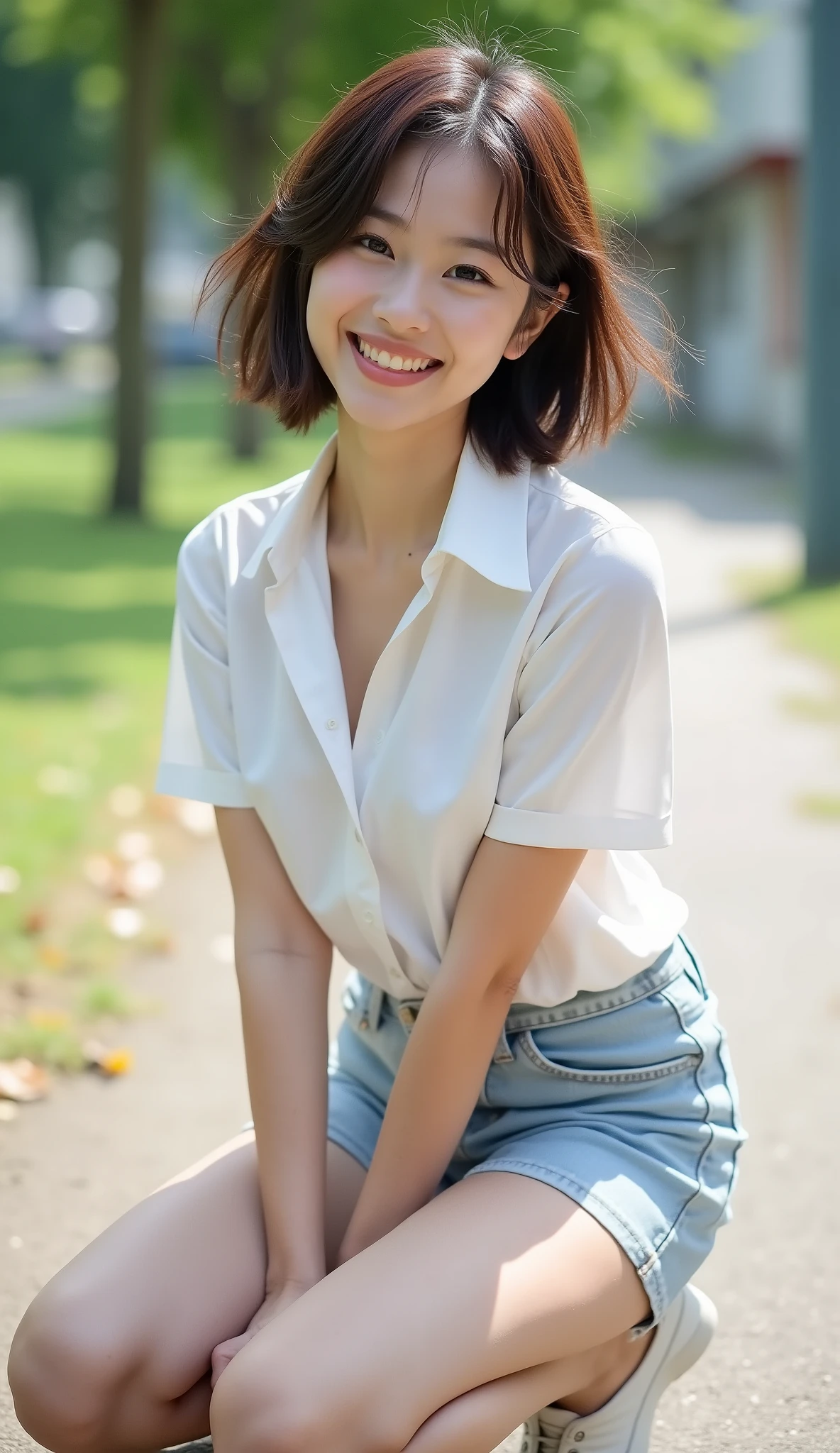 a girl with short black hair, wearing a white shirt and short pants, making a two-finger crossed pose, cute, smiling, shy, highly detailed, realistic, photorealistic, 8k, masterpiece, elegant, beautiful, cinematic lighting, natural skin tones, hyper-detailed, intricate details, warm color palette