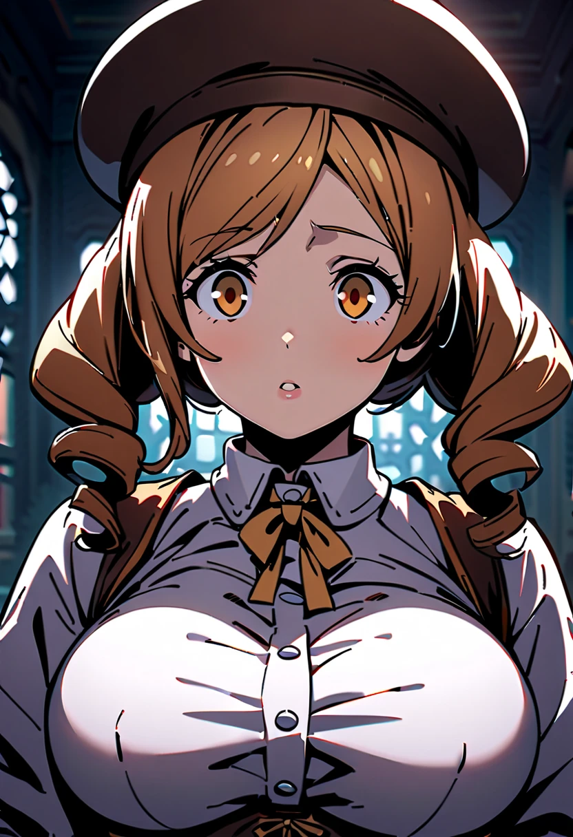 (Highest quality:1.24, Very detailed, Delicate and beautiful CG art, Detailed illustrations, High detail, masterpiece:1.2, Highest quality, Best aesthetics), (((1 Girl))), (Tomoe Mami, White shirt, corset, hat, Big Breasts, Droopy eyes:1.4, Twin Drill), Shiny Hair, Beautiful Skin, Detailed face and eyes, Glossy Lips, Light and shadow with attention to detail, Background Blur.