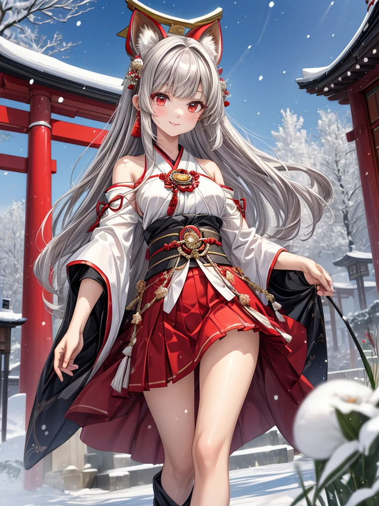 masterpiece,  top quality,(( one girl , slender )),Narrow treeshrees,perfect dark red eyes , ((Gray hair straight hair, princess cut, long hair on background)),((Luxurious shrine maiden costume, red skirt )), pale skin,smile,Shrine garden in winter when it's snowing , I'm stopping and looking up at the sky,White Fox Girl,I'm putting one hand on my chest