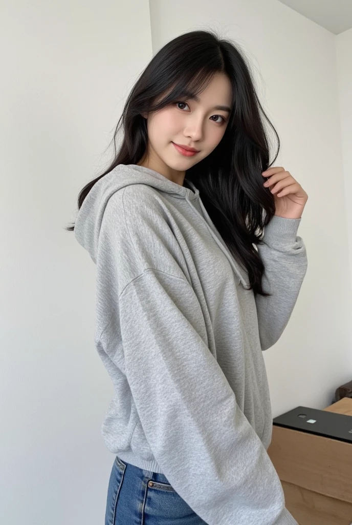 highest quality, Realistic, Very detailed, Finer details, High resolution, 8k wallpaper, One beautiful woman Standing in the house:1.3(white wall background), smile, Oversized hoodie, Skinny jeans, Black Hair, Beautiful Bangs, Perfect dynamic composition, Beautiful and detailed, A big smile waiting to start. Selfie shot.