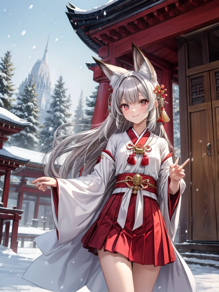 masterpiece,  top quality,(( one girl , slender )),Narrow treeshrees,perfect dark red eyes , ((Gray hair straight hair, princess cut, long hair on background,White fox ears)),((Luxurious shrine maiden costume, red skirt )), pale skin,smile,Shrine garden in winter when it's snowing ,I'm stopping and looking up at the sky,Sacred offering