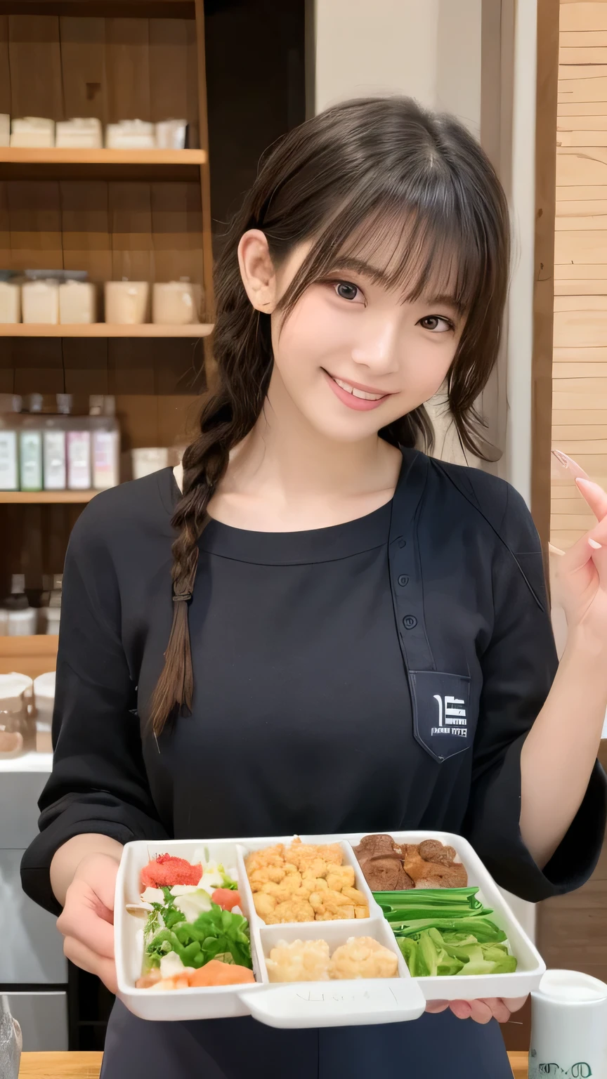 20 years old girl (Japanese cute face) is wearing mini skirt and white apron and working at the cafe with sunflowers