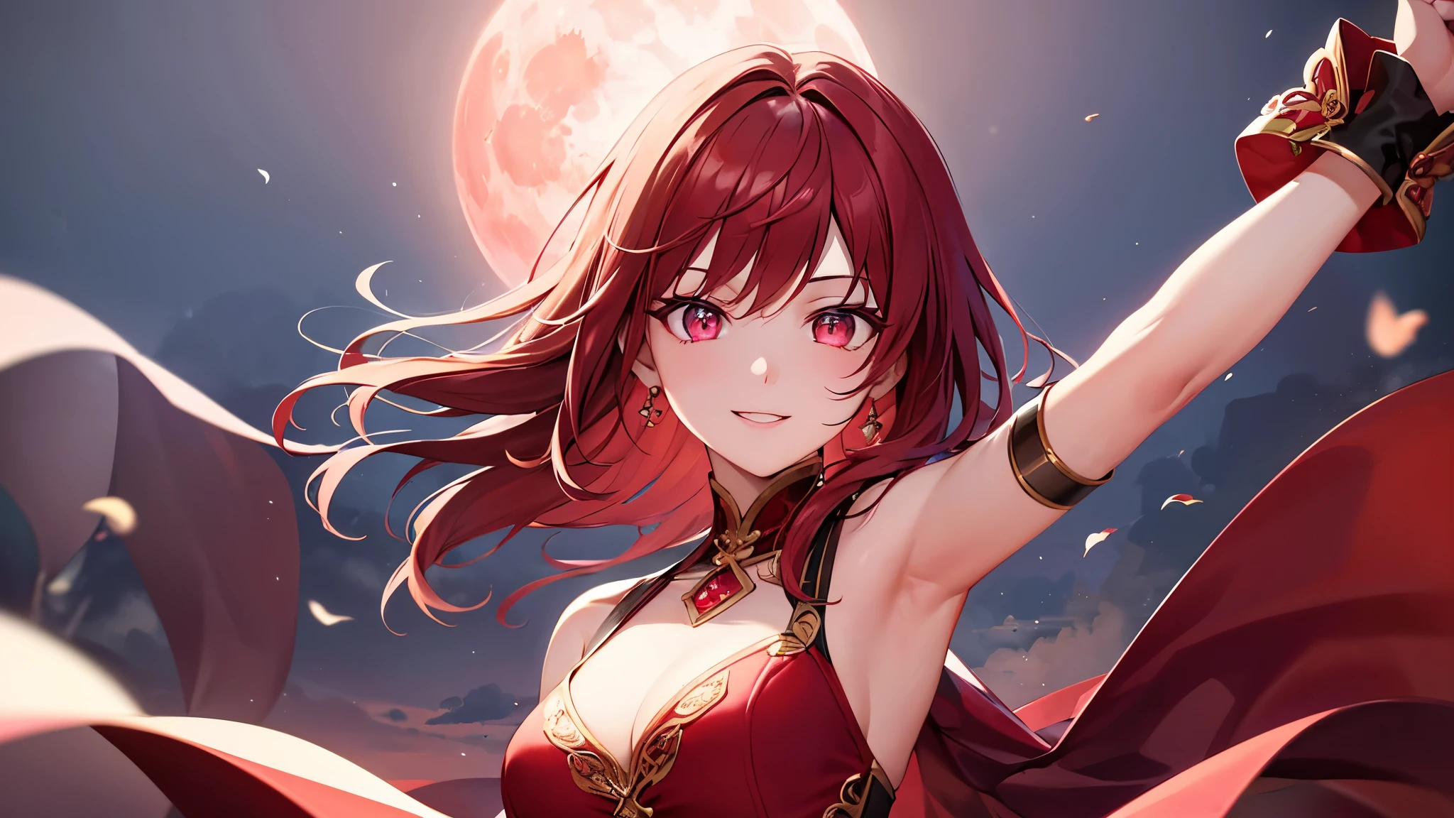 Anime girl with red hair and red cape holding a sword - SeaArt AI