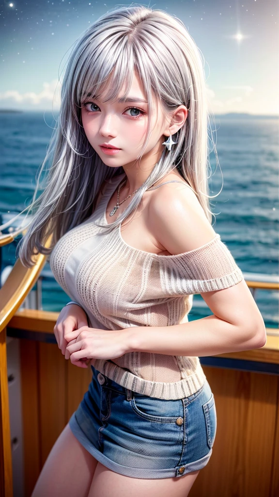 (A woman standing in the cabin of a passenger plane)1 girl, silver hair, striped hair, bangs, 鈍いbangs, long hair, pink hair, aqua eye, long eyelashes, purple eyes, compensate, smile, parted lips, realism, verism, surrealism, written boundary depth, one person'point of view, f/1.8, 135mm, canon, nffsw, retina, table top, Accurate, anatomically correct, rough skin, Super detailed, advanced details, high quality, 最high quality, High resolution, 1080p, hard disk, 4k, 8K, (coarse short sweater)floating off the shoulders、off shoulder、black tight skirt、