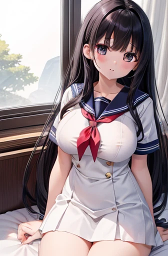 high school girl、beautiful girl、Black Hair、Big breasted body type、Sailor-style 、Navy blue pleated skirt、Flushed Cheeks、Moist eyes、Shy expression、The veranda on a rainy day、Erotic atmosphere、Immoral scene、Sensual scene、Wet Hair、Wet Skin、Wet clothes、Back view