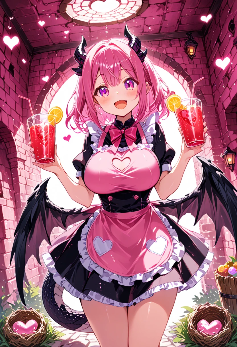 1girl ,apron, big breast, clothing cut-out, heart cut-out,dragon tail, black wings, cute, happiness, open mouth, pink theme, funny, drink, nest, dungeon, multicolored