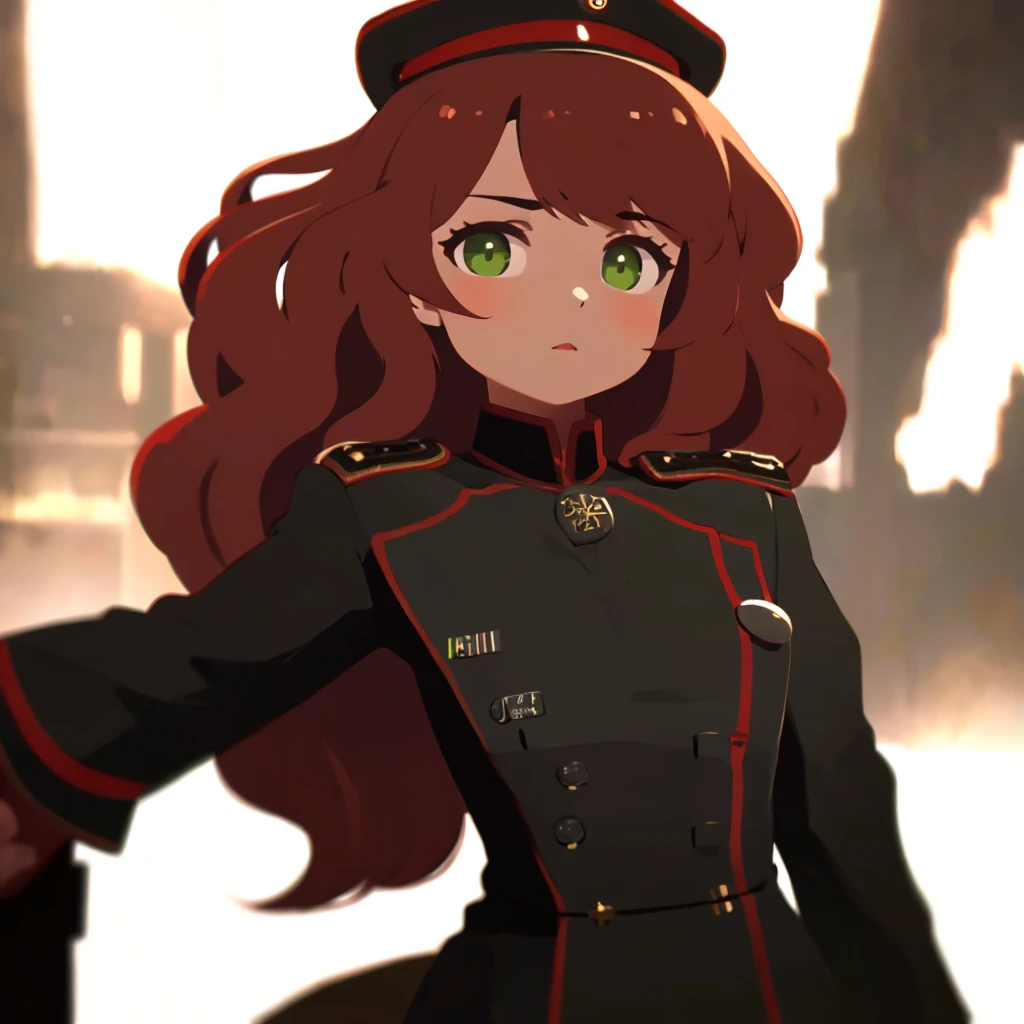 1girl, red hair, long hair, green eyes, black military uniform, german military uniform, highly detailed, photorealistic, hyper detailed, masterpiece, 8k, ultra-detailed, realistic, cinematic lighting, dramatic lighting, high contrast, rich colors, vibrant colors, atmospheric