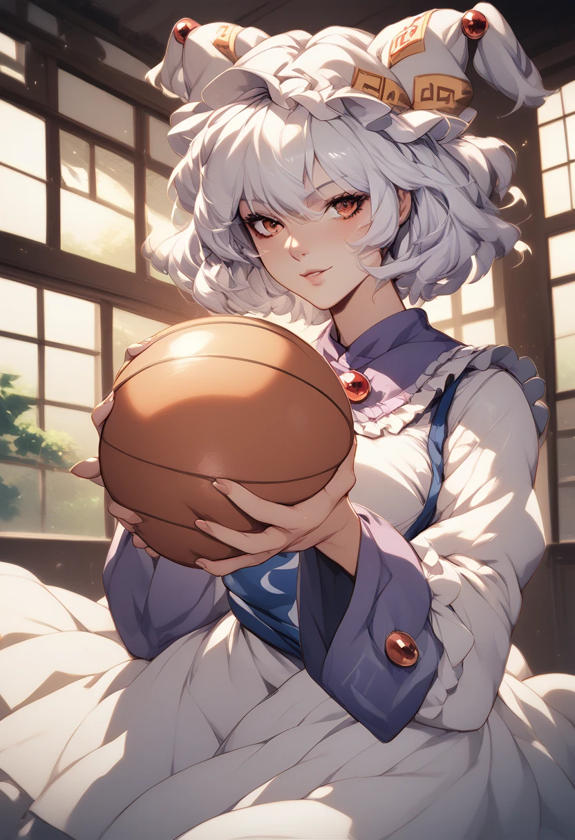 yakumo_Ran , Holds ball in her hands, shoulder-length white hair