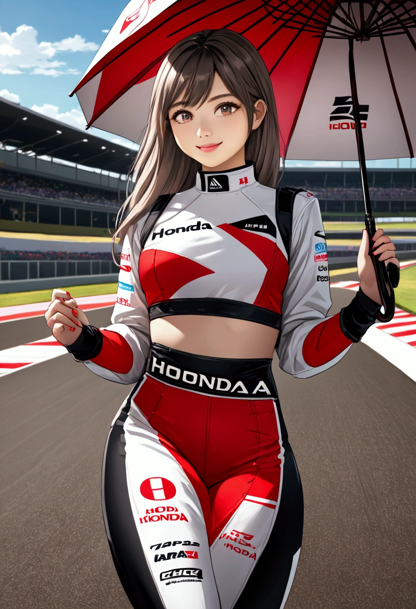 (masterpiece, best quality, beauty, best ratio, best shadows,best Illustration, wallpaper size,1080×2400 pixels,detailed face,1 girl,  japanese theme, detailed costume) 


A realistic racing scene featuring female ( golden ratio face, big eye ,grey color hair) japan supermodel characters hand holding umbrellas. They are standing beside to a  red an dark blue F1 "HONDA"  car on the track with "HONDA RACING" printed on car body. The Indonesian  and honda racing flags in the background , full racing sponsor digital screen and a clear golden hour sky. The  female supermodels are dressed in stylish racing-themed sporty detailed outfits, with vibrant colors racing sponsor patchand intricate sharp color designs. Digital race signal bulb light on top.
high definition, high contrast,high color satu,cinematic lighting