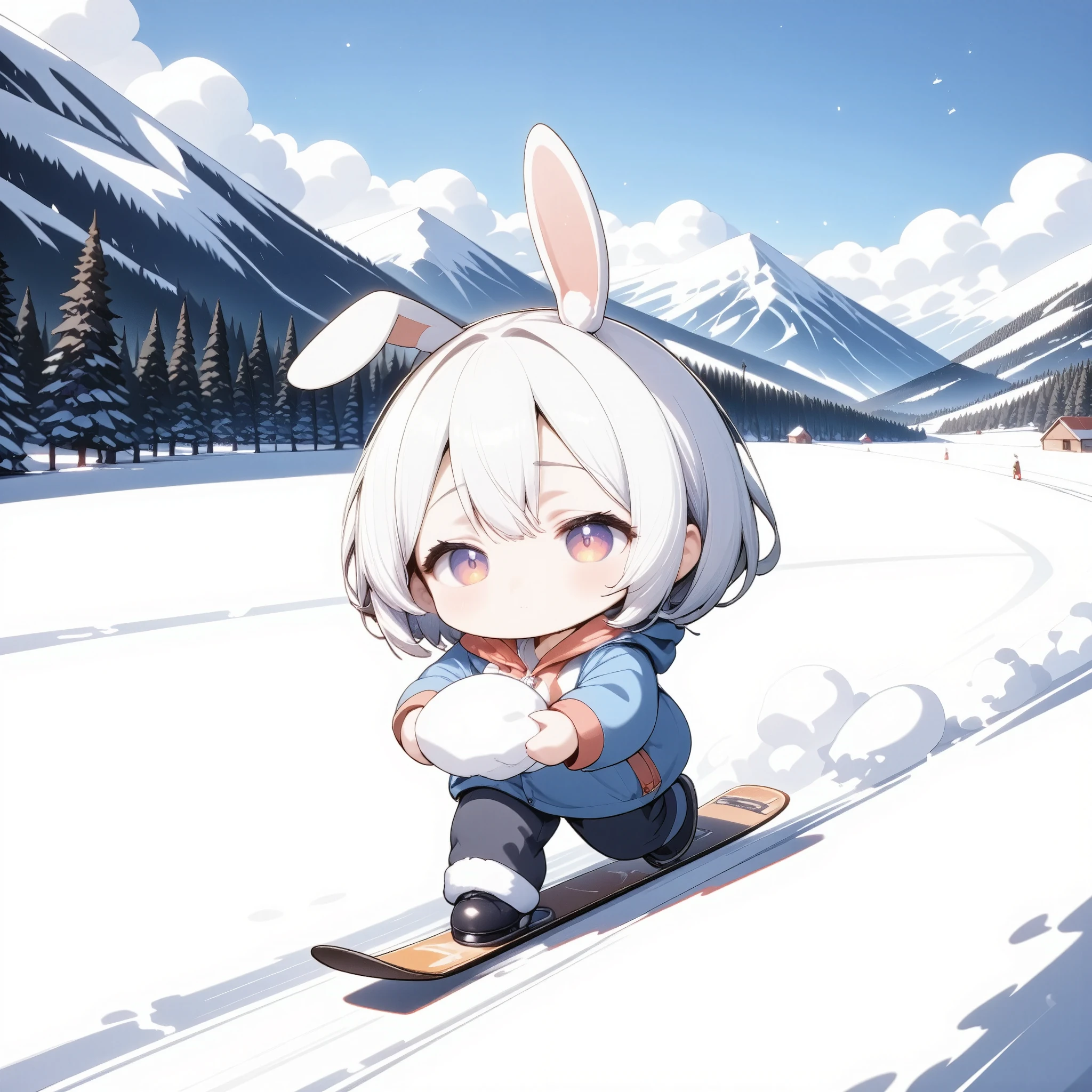 Snow sprint , chibi、1girl,trk、Snowwear、 snow pick up in both hands 、 rabbit ears from head ,Speed、Blur、Afterimage、 skis roll up snow