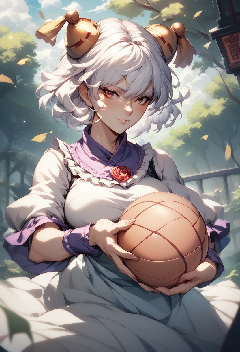 yakumo_Ran , Holds ball in her hands, shoulder-length white hair