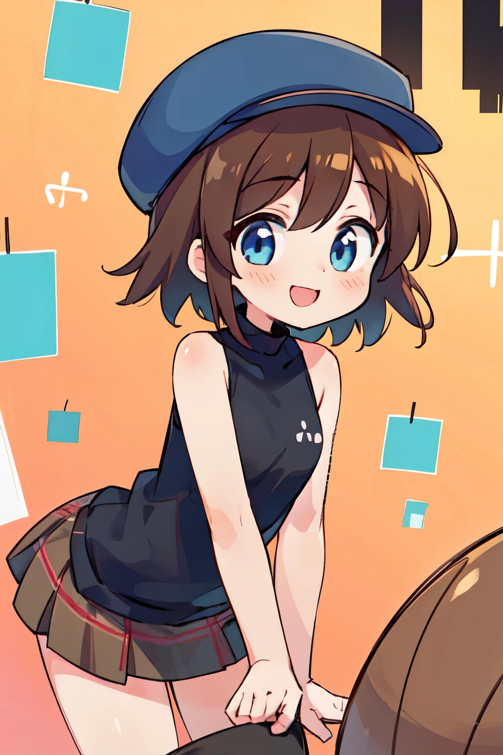 Helga Haruka, blue eyes, Brown Hair, short hair, Brown hat, black sweater , sleeveless turtleneck, checked skirt, 1 girl, Alone, smile, Love Hotel