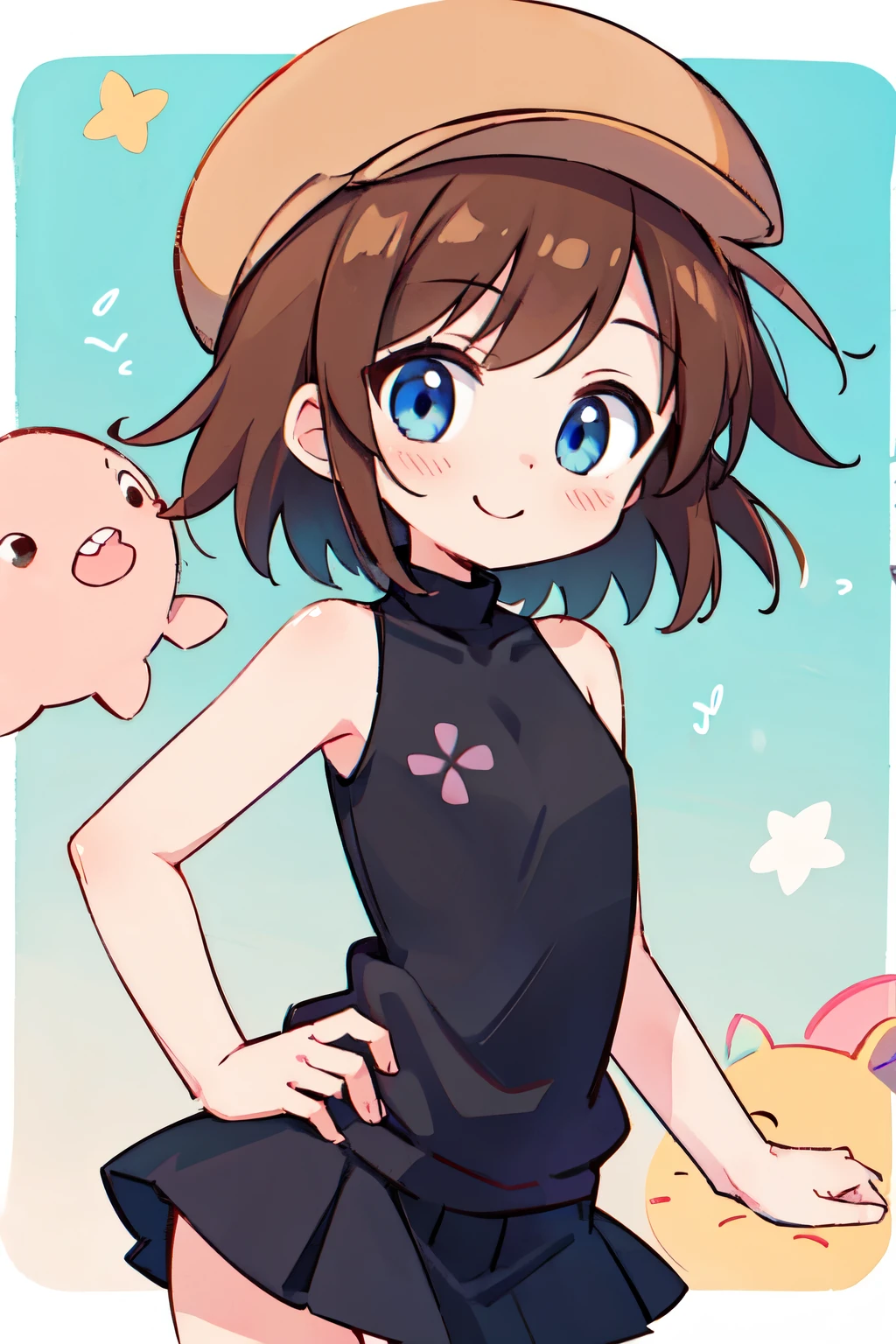 Helga Haruka, blue eyes, Brown Hair, short hair, Brown hat, black sweater , sleeveless turtleneck, checked skirt, 1 girl, Alone, smile, Love Hotel