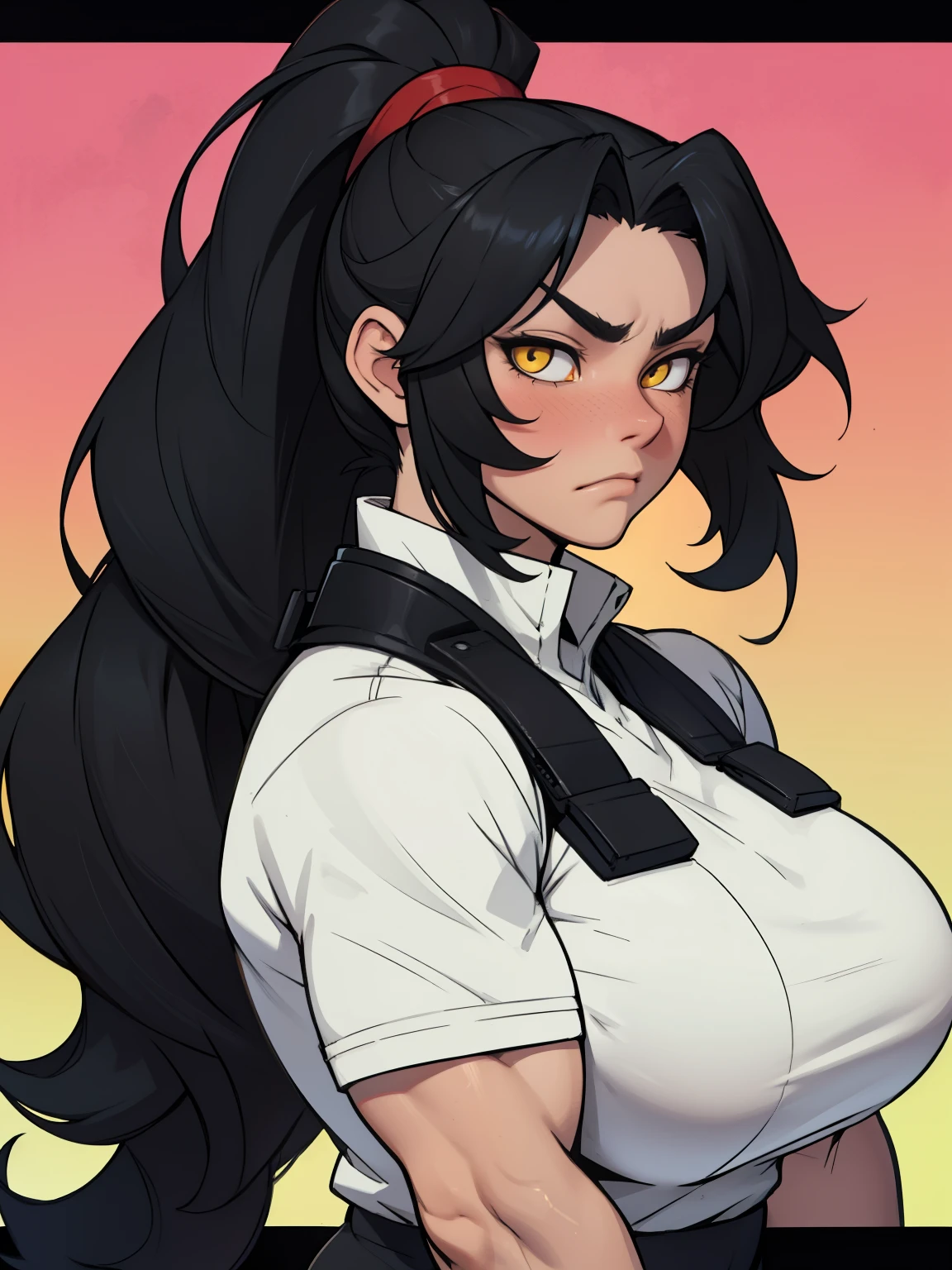 1 girl, extremely long hair, solo, muscular, veins, black hair, yellow eyes, pale skin, strong, veins, abs, (huge breasts), sulking tight shirt,