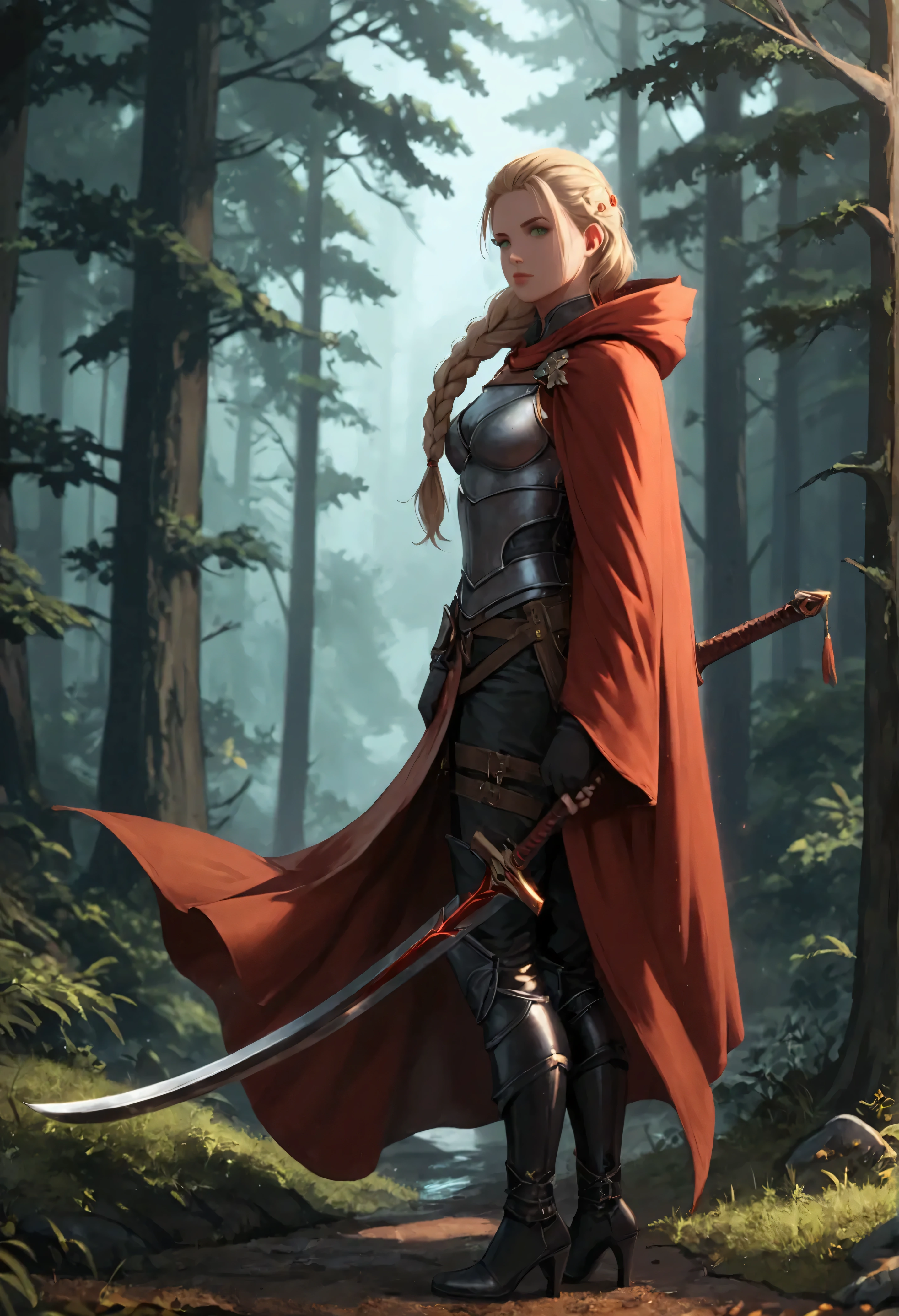 score_9, score_8_up, score_7_up, score_6_up, score_5_up, score_4_up,  fantasy art, RPG art, Dark fantasy art, ultra wide shot, RAW, photorealistic, a picture of female human ranger, the ranger, an exquisite beautiful human woman, long blond hair, braided hair, green eyes, wearing leather armor, wearing (red cloak: 1.1), armed with a (sword: 1.3), wearing high heels  boots, standing in a dark forest at night, (mist rising from the grounds: 1.3), a sense of dread and fear, yet she stands defiant and fearless, dark fantasy forest background, best quality, 16k, [ultra detailed], masterpiece, best quality, (ultra detailed), full body, ultra wide shot, Curved Sword Slash