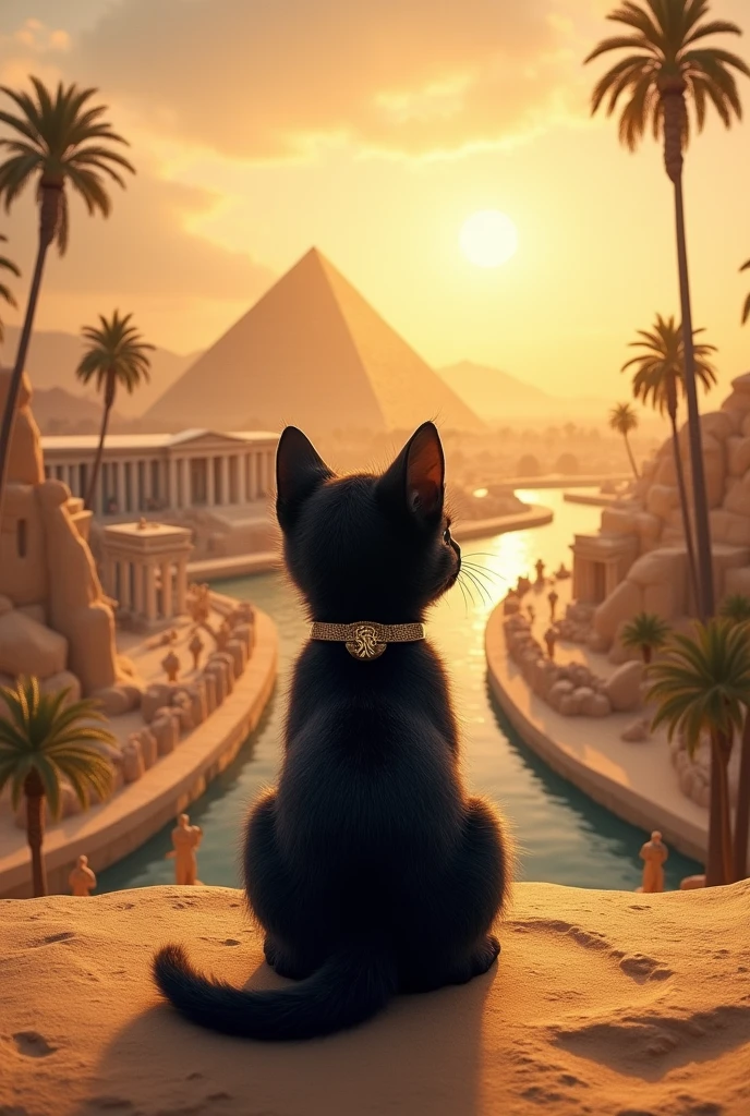 Amidst a backdrop of enigmatic Egyptian ruins, an aura of mystery hangs in the air. Beneath the amber light of twilight, the imposing statue of Bastet, the cat goddess, rises majestically. Her lapis lazuli eyes radiate a supernatural aura, contrasting against the ancient stone that surrounds her. Her meticulously sculpted fur flows like liquid gold, showcasing the artist's skill in capturing both grace and strength. Ancient symbols adorn the statue's base, narrating stories long lost to time. A gentle breeze causes the fringes of her garment to flutter softly, as if the deity herself is on the brink of reawakening. The last rays of sunlight cast a golden glow upon the scene, evoking a sense of reverence and awe for this feline goddess, brought to life by an artist inspired by the works of John Howe and the lush style of Studio Ghibli.