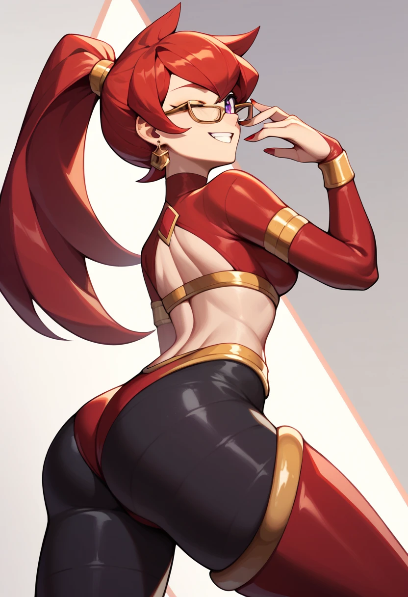 Mars, red nails, smiling, red hair, ponytail hairstyle, purple eyes, gold earings, red genie outfit, gold brasalet, showing , winking one eye, glasses, black tights, shwoing ass, 