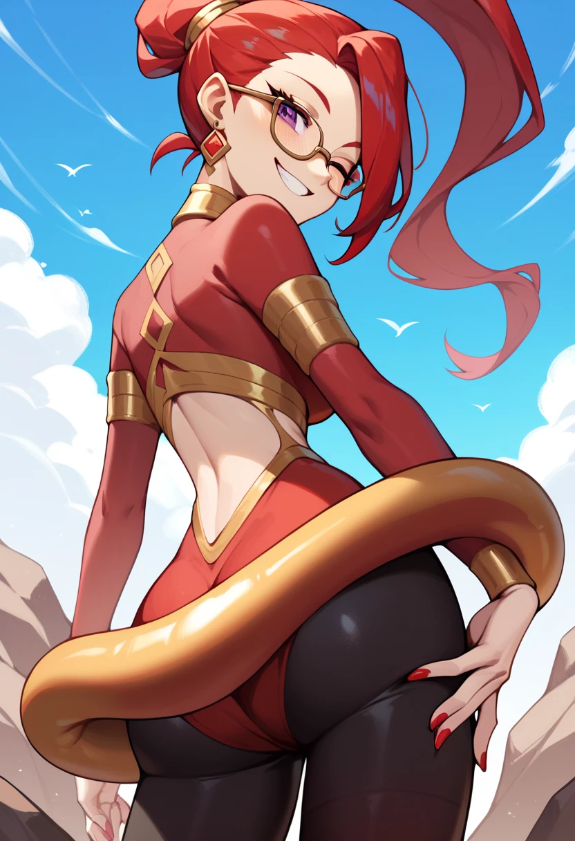 Mars, red nails, smiling, red hair, ponytail hairstyle, purple eyes, gold earings, red genie outfit, gold brasalet, showing , winking one eye, glasses, black tights, shwoing ass, 