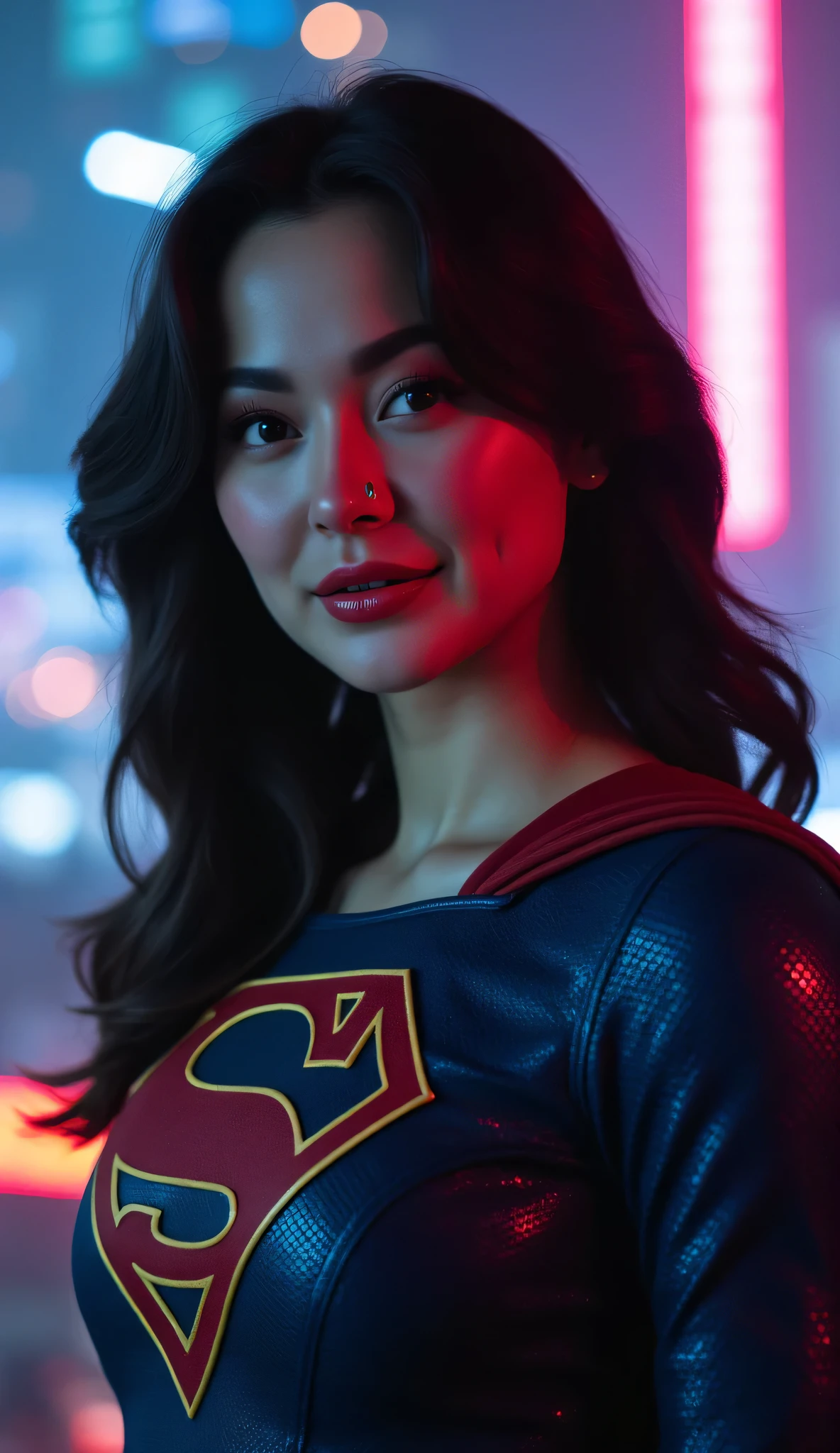 Hania Amir in Supergirl costume, (black hair), HD, remastered, HQ, 4K quality, cyberpunk cityscape, The very sexy Supergirl with her neckline outfit 