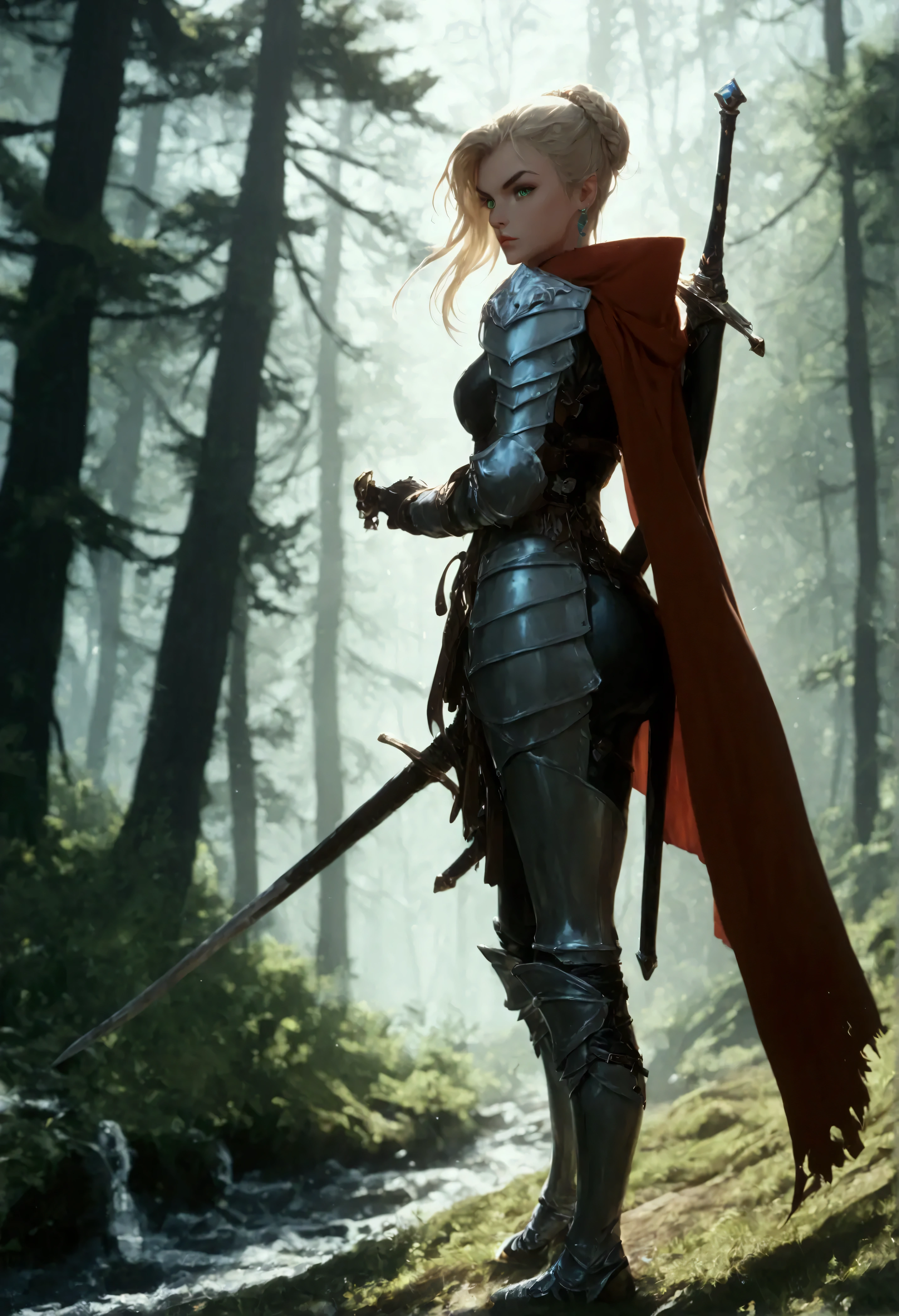 score_9, score_8_up, score_7_up, score_6_up, score_5_up, score_4_up,  fantasy art, RPG art, Dark fantasy art, ultra wide shot, RAW, photorealistic, a picture of female human ranger, the ranger, an exquisite beautiful human woman, long blond hair, braided hair, green eyes, wearing leather armor, wearing (red cloak: 1.1), armed with a (sword: 1.3), wearing high heels  boots, standing in a dark forest at night, (mist rising from the grounds: 1.3), a sense of dread and fear, yet she stands defiant and fearless, dark fantasy forest background, best quality, 16k, [ultra detailed], masterpiece, best quality, (ultra detailed), full body, ultra wide shot, Curved Sword Slash