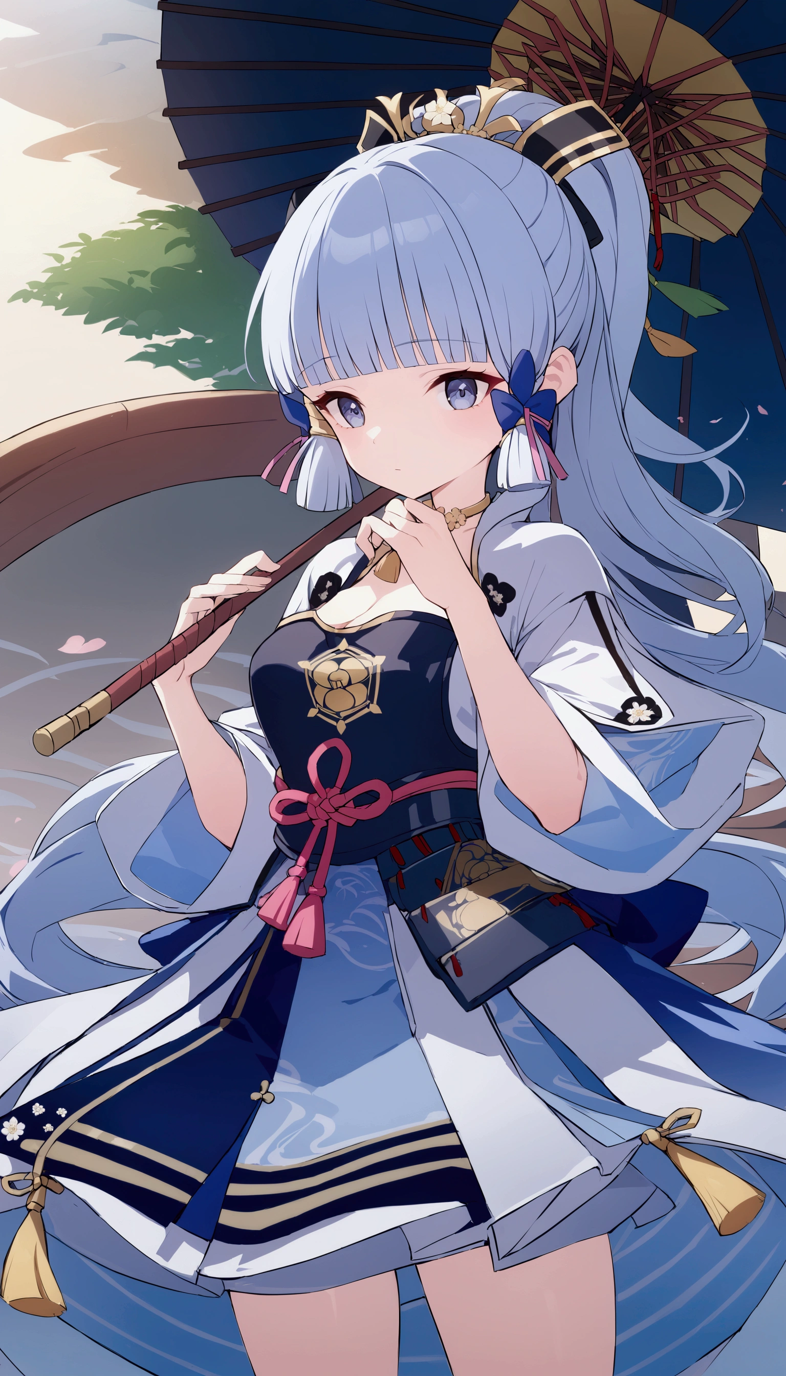 Kamisato Ayaka character, standing with head tilted, holding a navy blue Chinese umbrella, wearing a navy blue Tang Dynasty Hanfu, best quality