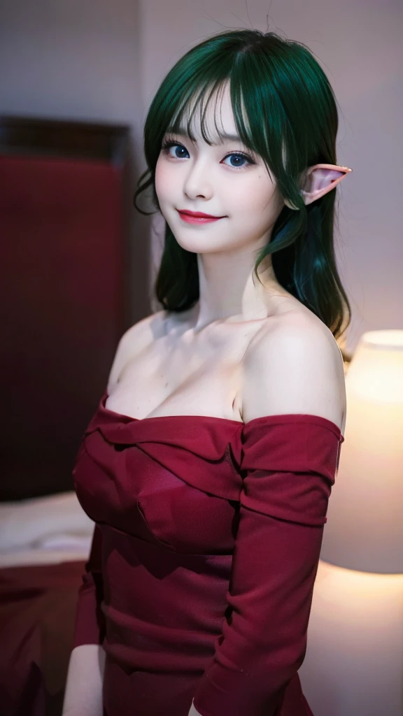  ((masterpiece,best quality,ultra-delicate,Perfect Face,16k,very detailed eyes,high resolution,very beautiful girl,sharpness,raw photo,18 years old)),bright green color hair:2.0,Red strapless bodycon tube dress with huge red bow on the back:2.0,Red long arm sleeves,Elf Girl,huge Breasts:2.0,blue eyes, very happy smile:2.0,upper body shot,indoor,