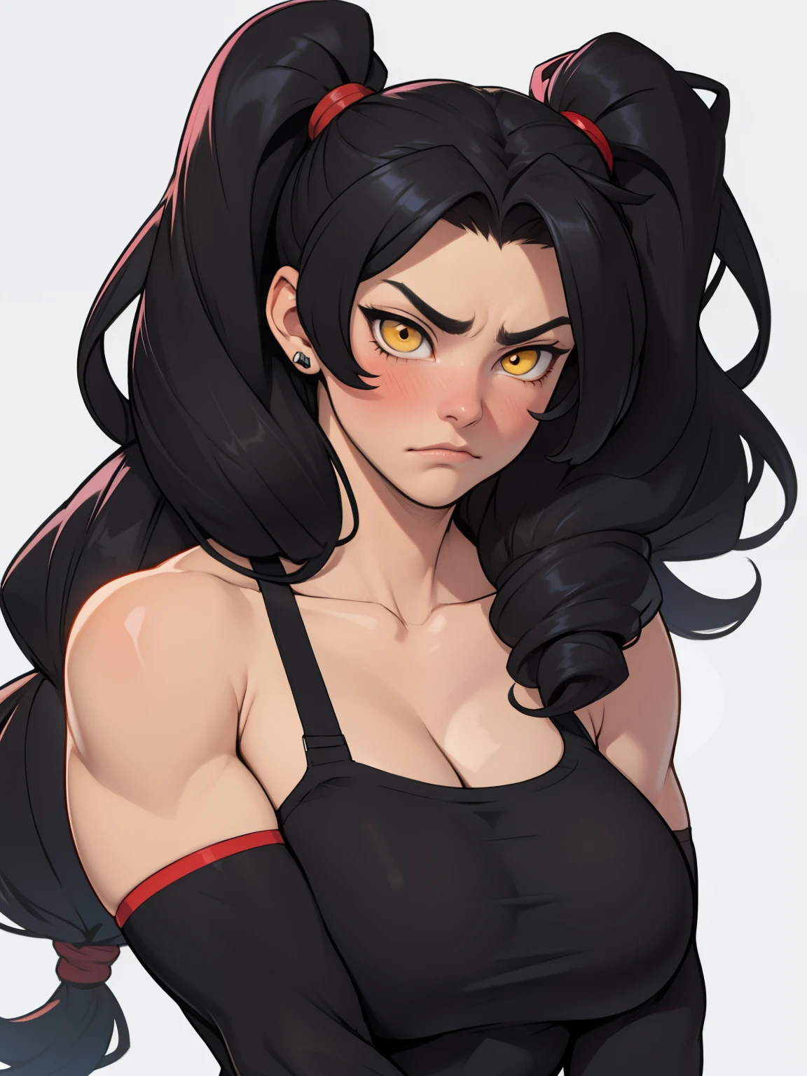 girl black hair yellow eyes pale skin girl sad cleavage blushing frown sweaty long straight hair long straight hair long straight hair long straight hair with blacks horns