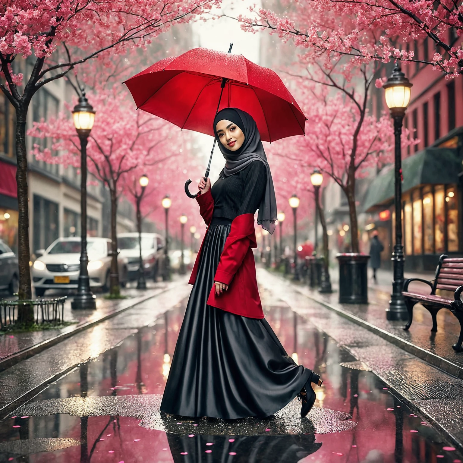 Stunning long angle shot of a Muslim woman in hijab, wearing a black shirt, long red blazer, black skirt, black shoes, posing charmingly while holding a red umbrella on a rainy day on a city street with cherry blossom trees lining the sidewalk, interact with the enviroment, their pink blossoms reflected in the puddles on the ground, vibrant, photorealistic, ultra high definition, 32K.