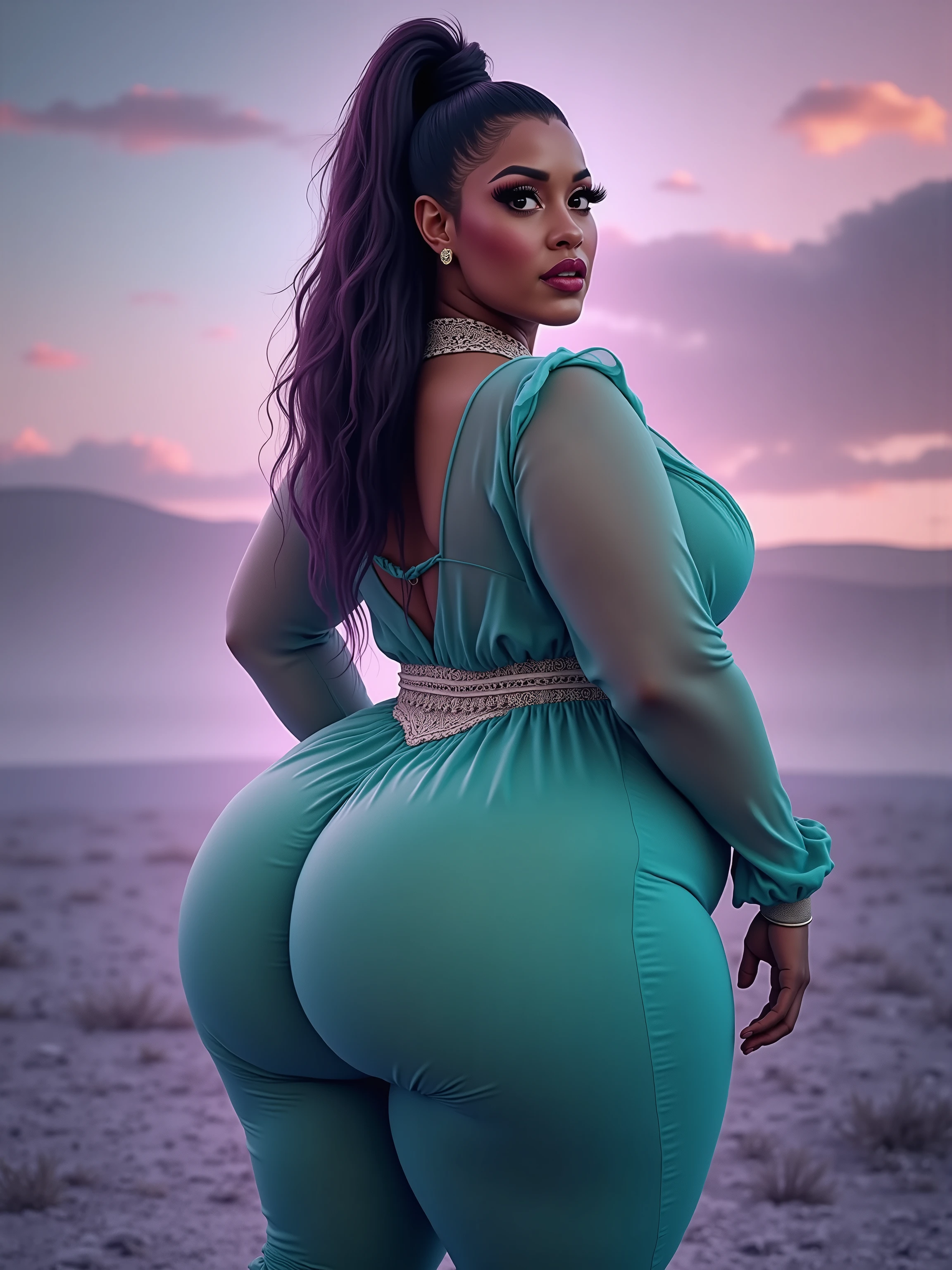 Giant girl, thicc,From behind, showing her butt, naked, thick, black hair with blue, brown eyes, giant, next to a building, huge
