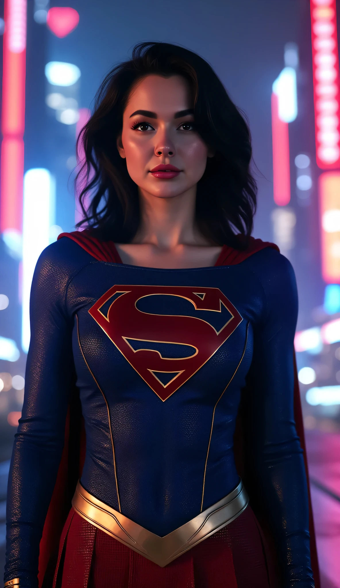 Hania Amir in Supergirl costume, (black hair), HD, remastered, HQ, 4K quality, cyberpunk cityscape, The very sexy Supergirl with her neckline outfit 