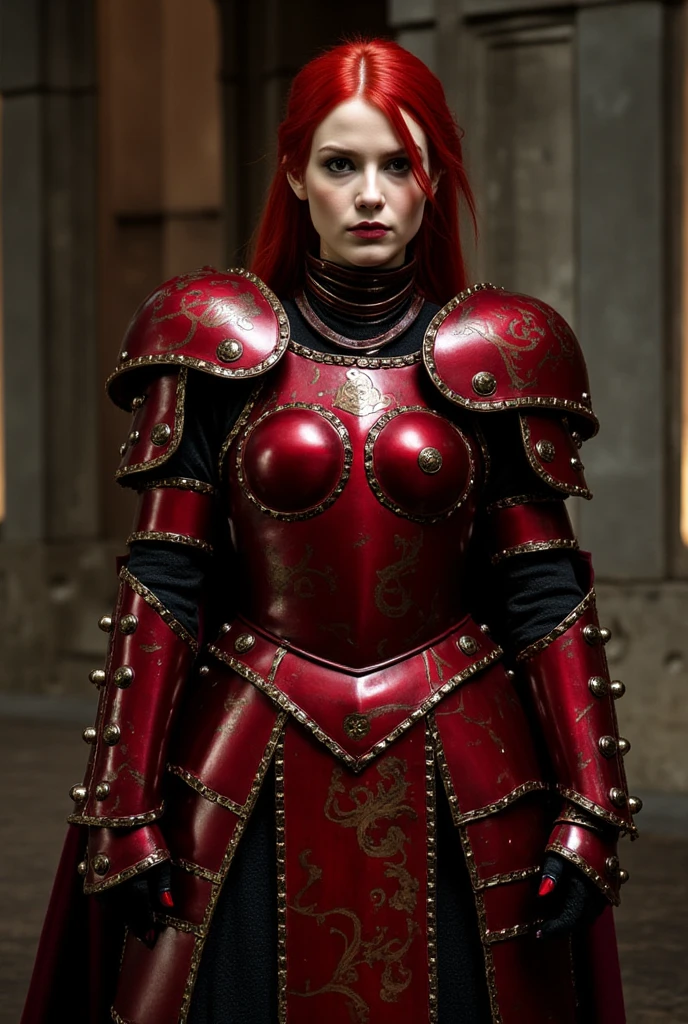 arafed woman with red hair and armor posing for a picture, redhead queen in heavy red armor, karol bak uhd, stunning armor, stunning character art, fantasy woman, fantasy art behance, gothic fantasy art, epic exquisite character art, fantasy character art, 4k fantasy art, beautiful armor, steampunk fantasy style, detailed fantasy art, dark fantasy style art naked vagina