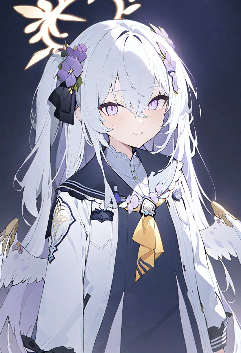 azusa_(blue_archive) absurdres highres 1girl angel_wings black_sailor_collar blush cowboy_shot feathered_wings flower grey_background hair_between_eyes hair_flower hair_ornament halo long_hair long_sleeves looking_at_viewer low_wings purple_eyes purple_flower sailor_collar simple_background white_hair white_wings wing_ornament wings yellow_halo smile masterpiece, best quality