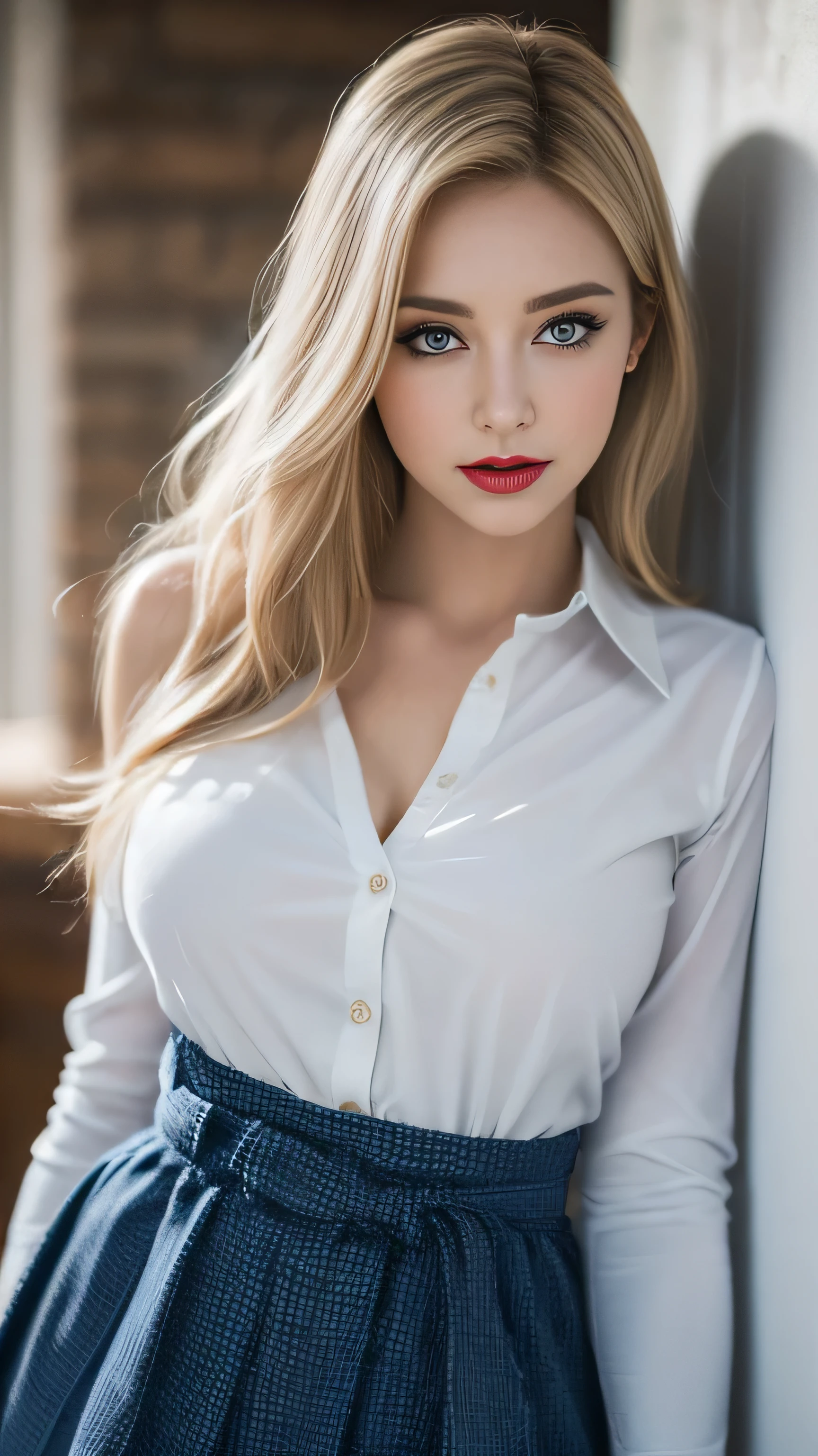 best quality, high resolution, ultra detailed, realistic, fashion model shoot, a blonde woman, green eyes, wearing a white shirt, blue jeans, dynamic lighting
