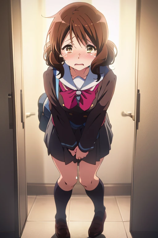  1 girl,  high definition ,  turn your gaze ,  open her mouth ,  and blushing ,  open their mouths slightly, tears, Awkward,  crying expression , anime,  super detailed,  gentle colors,  anatomically correct,  high detail,  textured skin ,  very detailed , Peeing、Character portrait, whole body、　 pee、　 can't make it in time from front full body look at viewer standing in front of toilet　Grab the hem of your skirt　kumiko oomae Kitauji High School winter uniform 見られる　reina kousaia
 