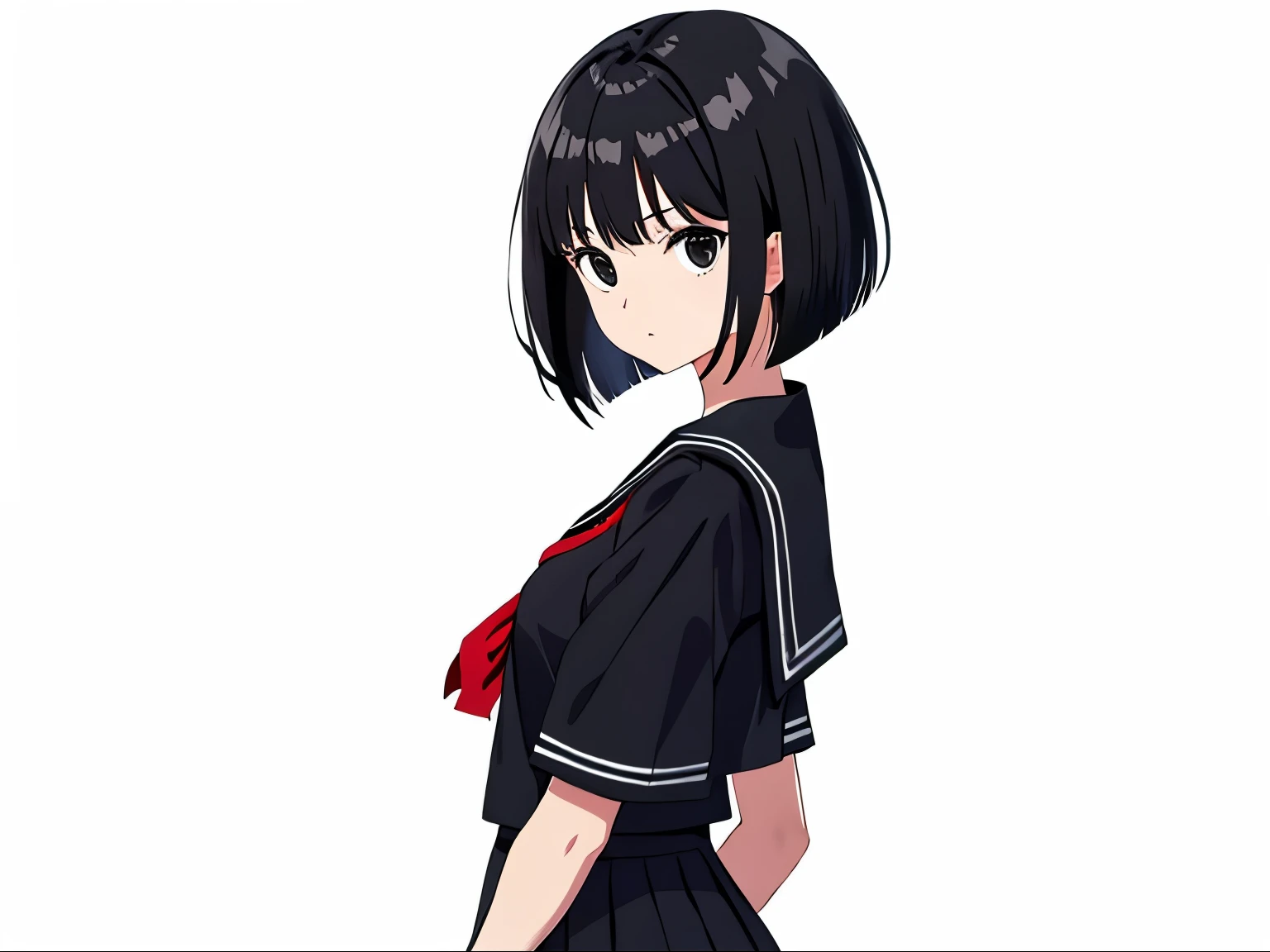 Turning around, black hair, black eyes, bob cut, black sailor uniform