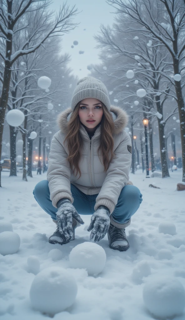 masterpiece, 8k, HDR, 3D, best quality, photograph, analog style, real life, extremely beautiful, (highly detailed, intricately detailed), (highly detailed skin), (alluring eyes), An image of a winter day in a park covered in a thick layer of freshly fallen snow, a female quickly crouches down, forms a perfect snowball and throws it in the direction of her companions. The snowball flies through the air and lands on the shoulder of one of the friends, sparking a friendly snow fight. Laughter and screams of excitement fill the air, as the snowballs go back and forth, creating joyous chaos.