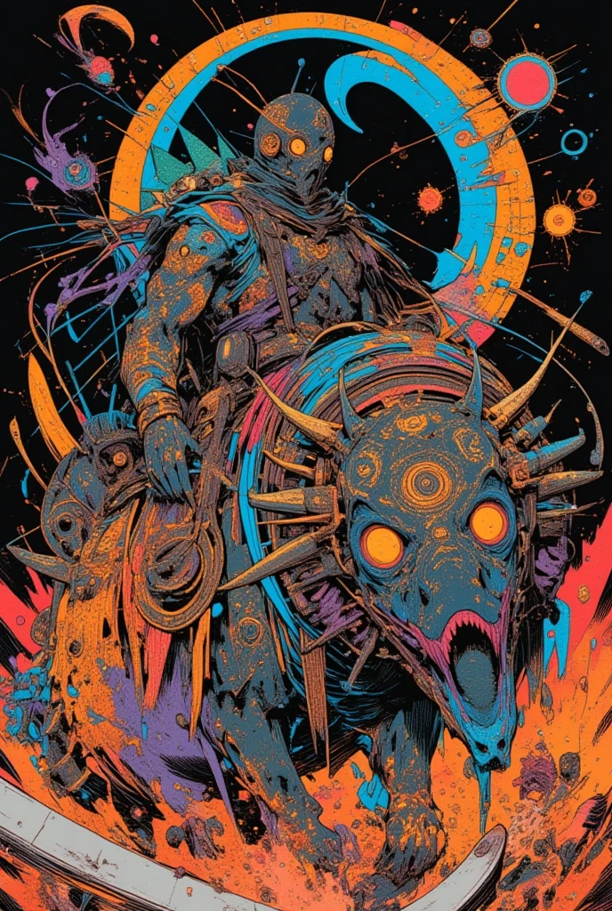 Man in a plague mask riding a strange animal,And other items 々,  dmt Death of Ego ,   Exquisite Futuristic Art  , DMT Art,  DMT Egodes  ,  Dan Mumford and Alex Grey's style,   psyche trans art  ,   Ultra Detailed Fantastic Art  , epic shamanic DMT Art,    Shamanism DMT Horror Art   ,   Visionary Art Style  ,   High Resolution Fantastic Art ,Marauders After Death 