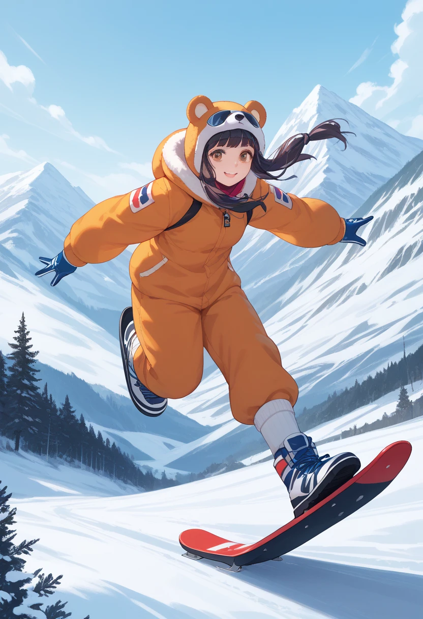 snowy mountains, Downhill on skis, Bear costume, anime, super detail, best quality