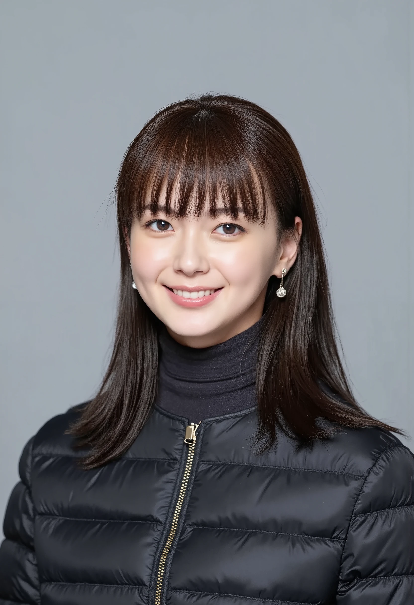 young Japanese woman、 tabe mikako、black hair、 ear piercing、  smile showing teeth 、 beautiful alignment of teeth、 black down jacket、Gray background
