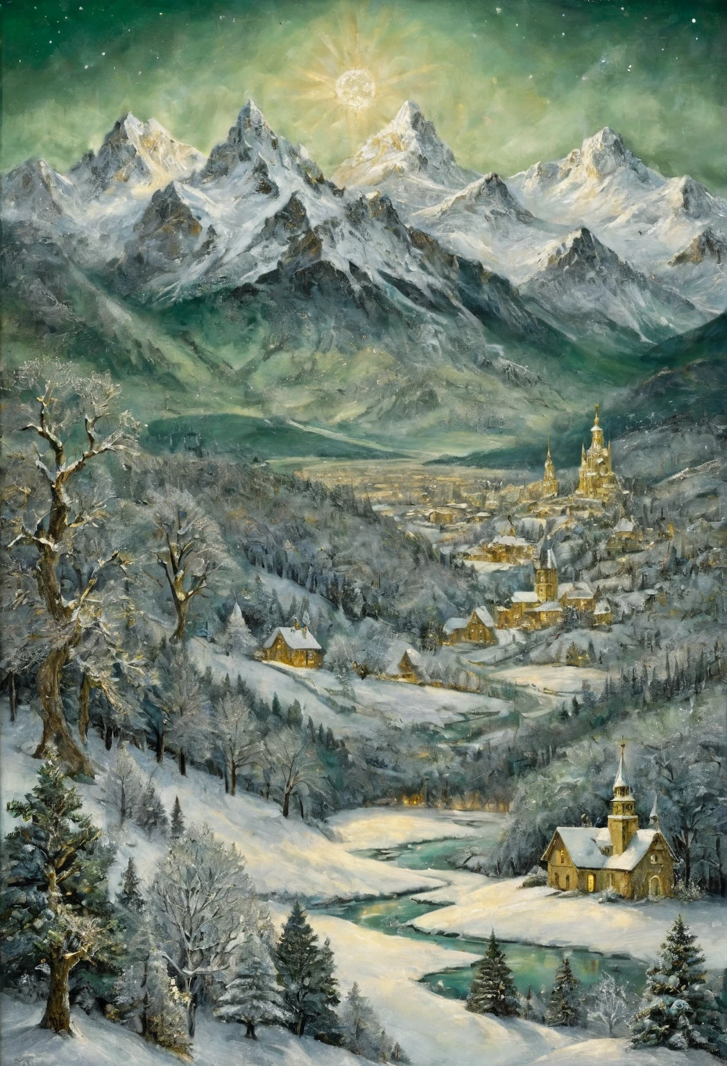 Surrealism,magical night.  winter landscape.  In the background are snow-capped mountains ,  in the foreground are triangular Christmas trees and round trees . lots of sparkling snow . fractal snowflakes .snow white.. Ground is covered with snow.  The image is in a muted green color palette,  gold and white .Josephine Wall,Rebeca Dotrimer 