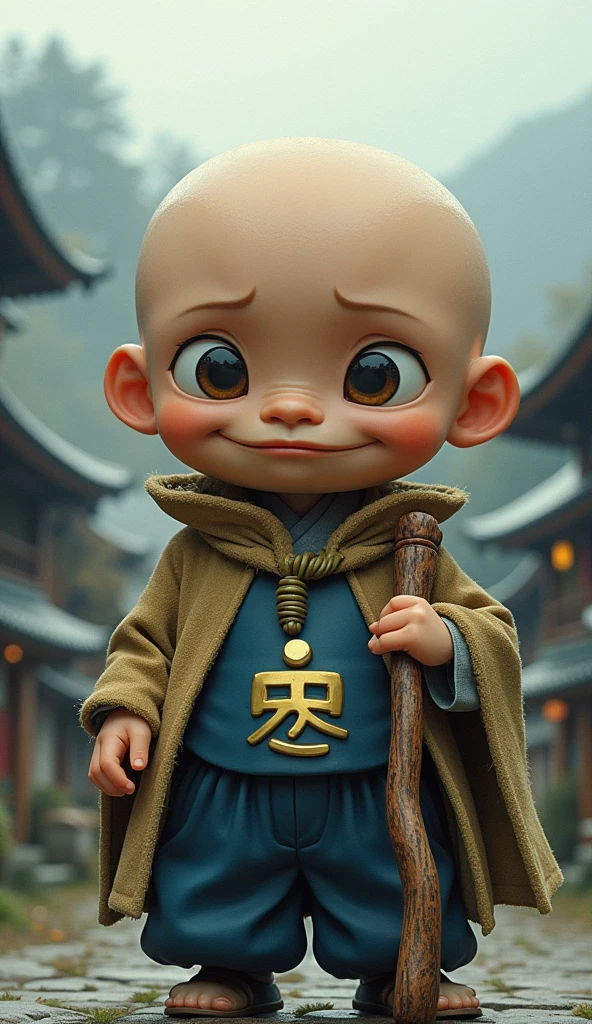 A small monk about 3 years old dressed in a gray monk's costume stands in a Buddhist temple, The head without hair is round and shiny,monk clothes, The small face is white and tender,The meat is cute,On his wrist is a large string of Bodhi bracelet,Smiling,Very lovely in the temple,.Big green tree next to it,. Fluttering fallen leaves.8K to detail The facial features should be clear