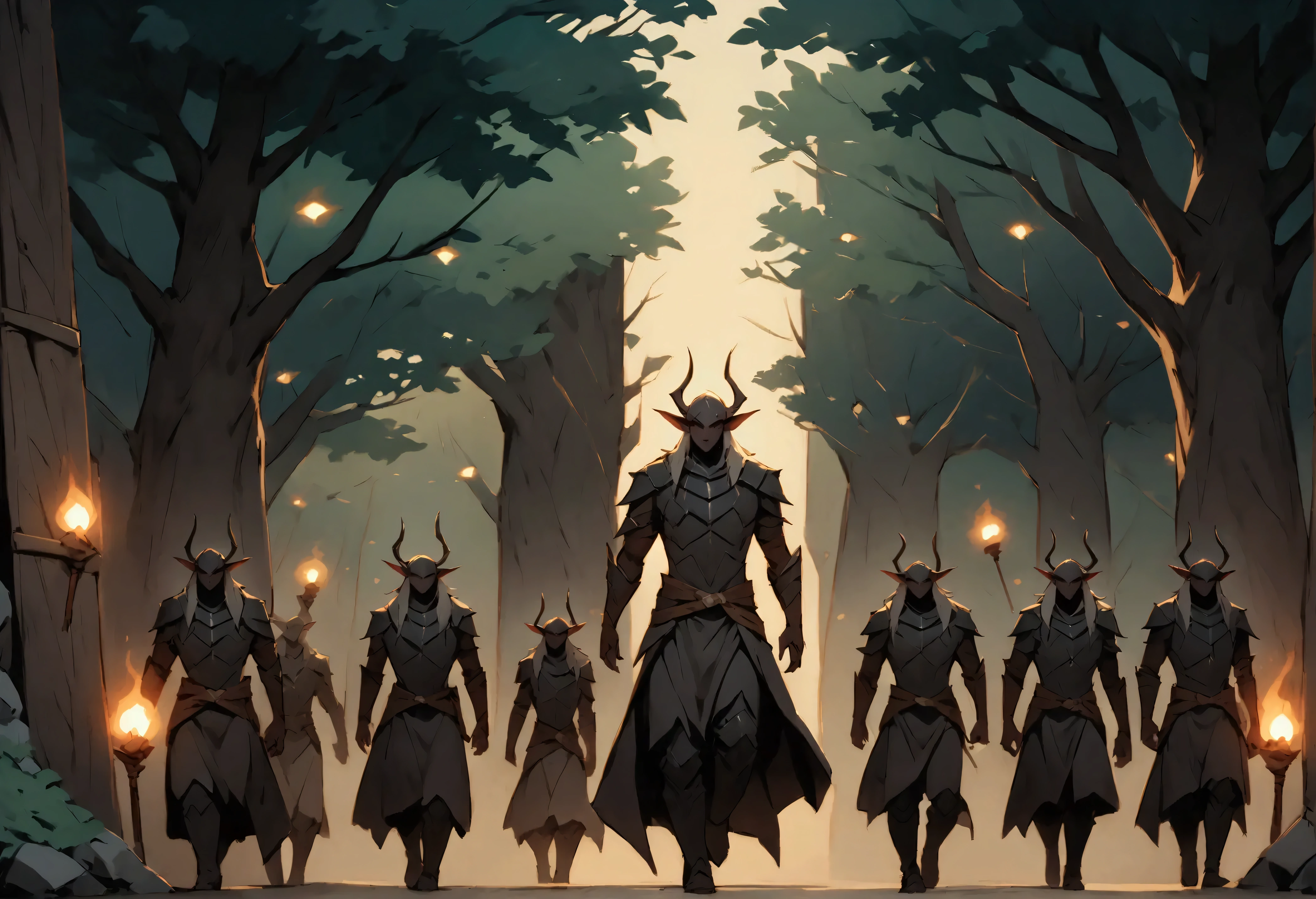 A group of Dark Elves stealthily advances through enemy territory, moving between the shadows of the trees in the pale moonlight. Their dark armor, adorned with subtle runes, softly reflects the lunar glow, almost blending into the nighttime environment. They move in absolute silence, communicating only with precise gestures as they avoid patrols of Alba Elves passing by with torches in the distance. The camera follows the group as they cautiously approach the illuminated village where Lucas is being held captive, capturing their calculated movements and the tension in the air. The scene culminates with the Dark Elves using their abilities to scale walls, disarm traps, and disappear into the darkness as they infiltrate the village undetected.