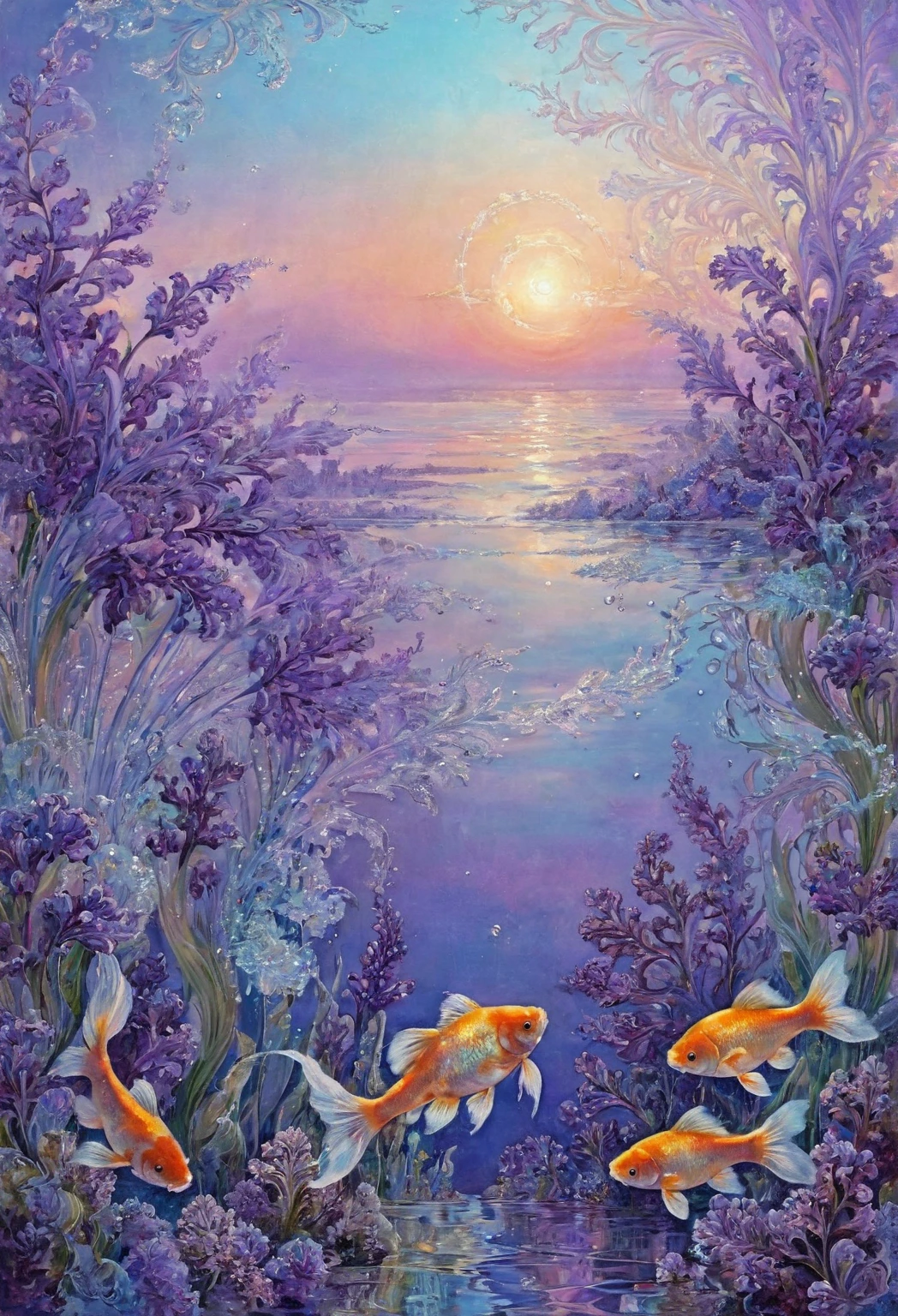 fantasy,Fluid art, frosty pattern on transparent glass against the background of a lilac-blue sunset in the form of two goldfish among algae, Paradisaeidae water bubbles, long twisted paisley fractal tail , long veil fins neon ,  clear glass  ,  transparent iris flower fractal  ,  high detail ,   diamond neon light ,64k,fractal paisley , pearlescent elegance . Bohemian chic.  glamorous fleur pastel  