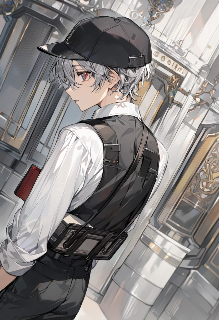  boy, ager,black clothes, black cap for back ,gray hair, dark red eyes ,light skin, with a white blouse and black pants,Cidade Ar Livre 