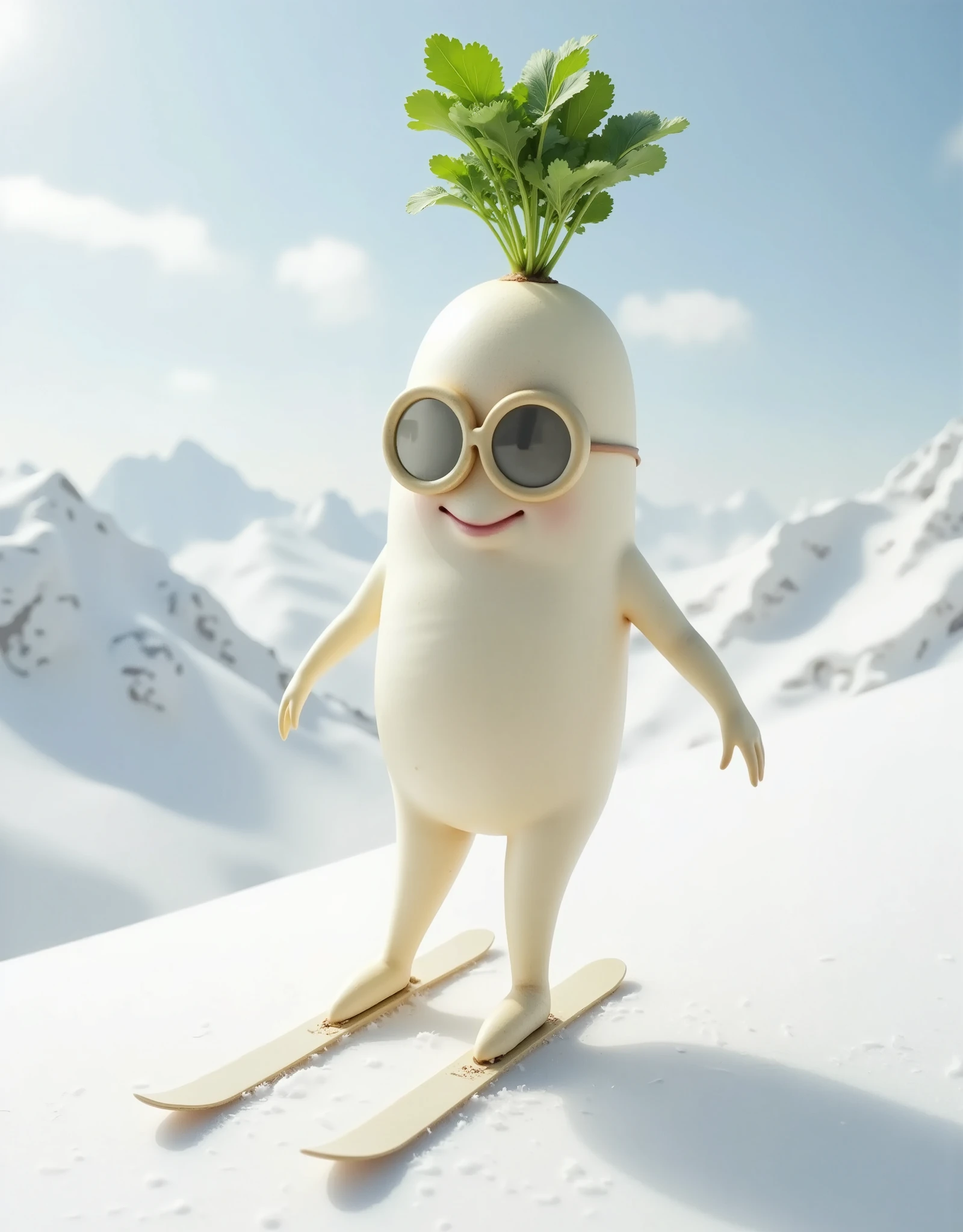  Daikon enjoying skiing 、 Daikon gliding down briskly、Beautiful snowy mountain scenery 、goggles、 Colorful Ski Wear、long skis、 Snow soars when gliding 