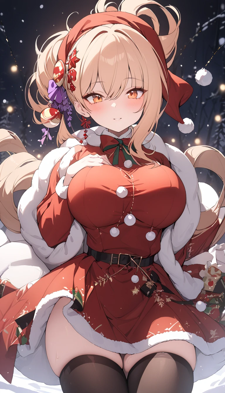 a woman wearing a santa claus costume, christmas dress, red dress, santa claus hat, thigh high black stockings, , standing in snow, (best quality,4k,8k,highres,masterpiece:1.2),ultra-detailed,christmas,festive,holiday,winter,warm,cozy,magical,whimsical,joyful,vibrant colors,glowing lights,cinematic lighting,solo, big breasts, mature female,yoimiya, bangs, blonde hair, hair ornament, hair between eyes, ponytail, sidelocks, orange eyes, light brown hair,(