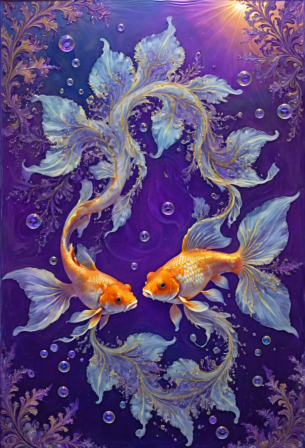 fantasy,Fluid art,  frosty pattern on transparent glass against purple blue background sunset in the form of two goldfish among algae Paradisaeidae water bubbles, long twisted paisley fractal tail , long veil fins neon ,  clear glass  ,  transparent iris flower fractal  ,  high detail ,   diamond neon light ,64k,fractal paisley , pearlescent elegance . Bohemian chic.  glamorous fleur pastel  