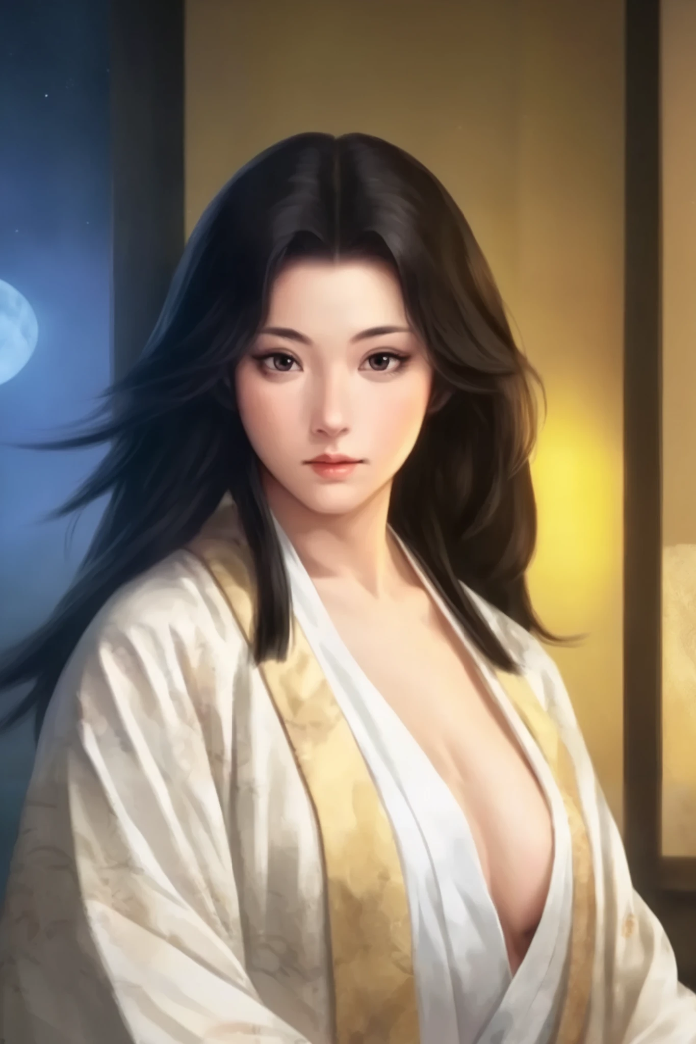   beautiful woman、 old style Japanese-style room at night 、   upper body only、The light in your eyes、 curly eyes  、Two-dimensional elements  、Cautious face 、 sad face、   black straight long hair 、  big eyes、  low angle、 Big Breasts 、Wear a white kimono with shoulders sticking out 、  Beautiful breasts 、 attractive breasts、 open chest 、  upstyle hair 