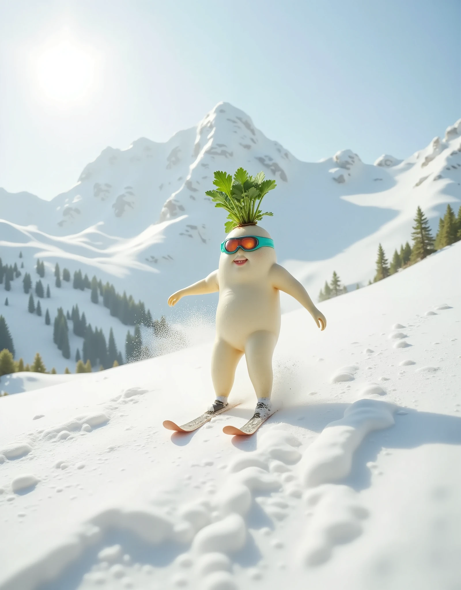  Daikon enjoying skiing 、 Daikon gliding down briskly、Beautiful snowy mountain scenery 、goggles、 Colorful Ski Wear、long skis、 Snow soars when gliding 